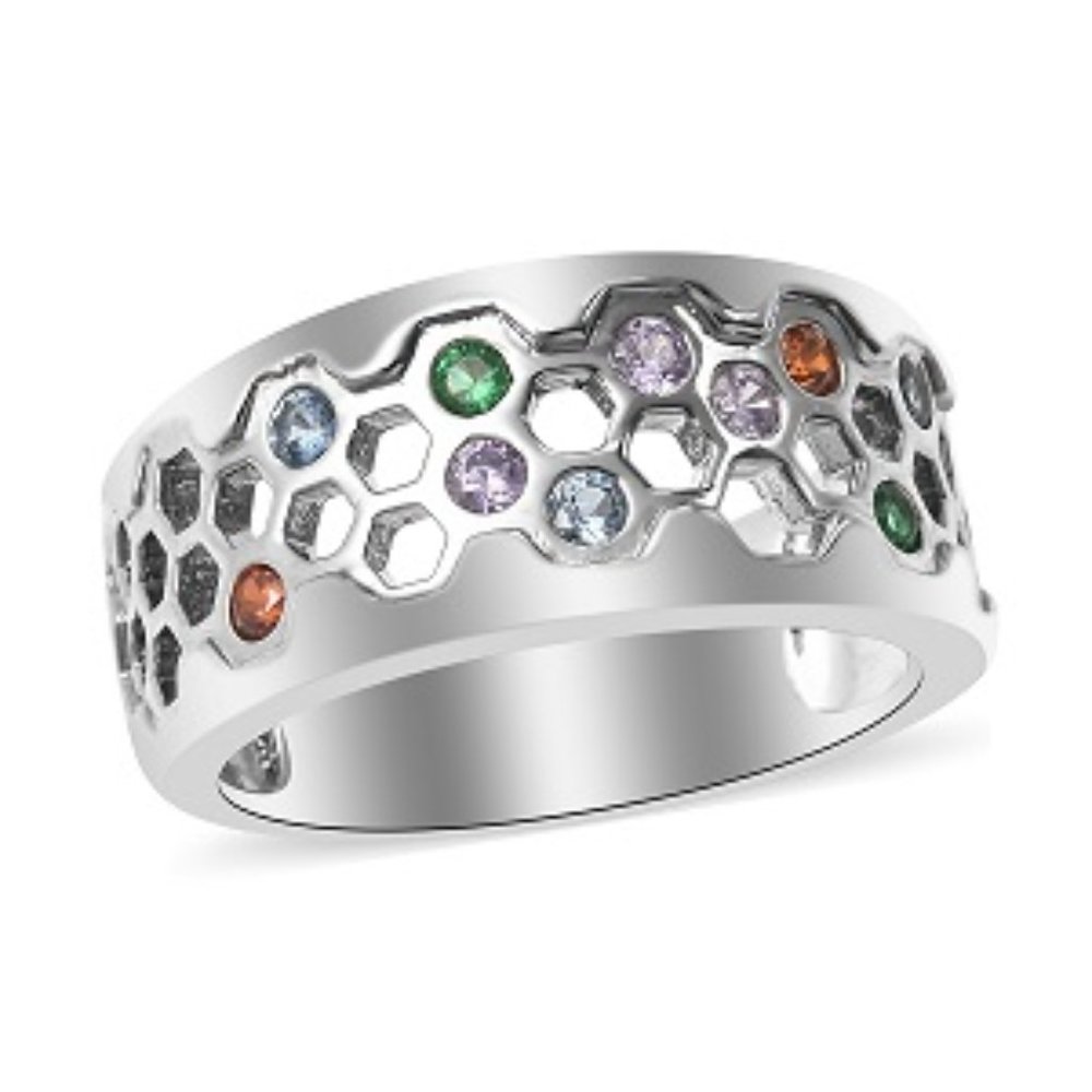 Simulated Multi Color Diamond Band Ring in Silvertone 0.40 ctw